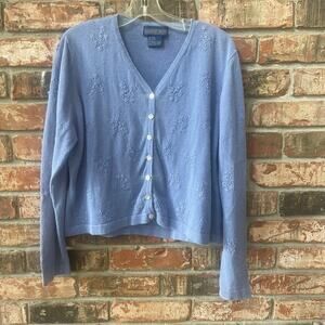 VTG Herman Geist Blue Sweater Cardigan Embroidered Sz XL V-Neck Granny Cottage